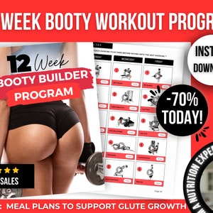 Pode incluir: Um guia de treino de 12 semanas para construir glúteos com uma mulher segurando um haltere. O guia inclui um programa de treino com exercícios para cada dia da semana. O texto no guia diz "12 Week Booty Builder Program" e "Download instantâneo -70% hoje!"