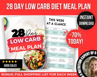 28 Day Low Carb Meal Plan Printable, Healthy Recipes, 4 Week Meal Plan, Easy Low Carb Diet Plan