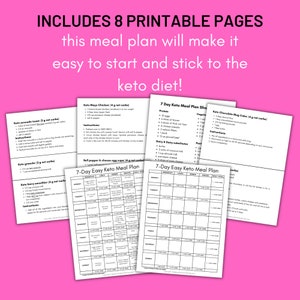 May include: A printable keto meal plan with 8 pages. The meal plan includes a 7-day keto meal plan, a 7-day easy keto meal plan, and recipes for keto avocado toast, keto granola, keto berry smoothie, keto mayo chicken, bell pepper and cheese eggs, and keto chocolate mug cake.