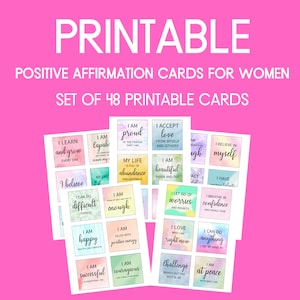 K&ouml;nnte beinhalten: Set mit 48 druckbaren Affirmationskarten f&uuml;r Frauen. Die Karten zeigen Aquarellhintergr&uuml;nde in verschiedenen Farben und positive Affirmationen wie "Ich bin stolz auf die Person, die ich bin", "Ich akzeptiere Liebe von mir selbst und anderen", "Ich bin innerlich und &auml;u&szlig;erlich sch&ouml;n", "Ich glaube an mich", "Ich habe unbegrenzte Talente", "Ich atme Zuversicht ein und atme Angst aus", "Ich bin gl&uuml;cklich, gesund und vollst&auml;ndig", "Ich bin genug", "Ich bin voller positiver Energie", "Ich kann schwierige Dinge tun", "Ich bin erfolgreich in allem, was ich tue", "Ich bin mutig und stehe f&uuml;r mich ein", "Ich lasse Sorgen und Bedauern los", "Ich liebe, wer ich jetzt bin", "Ich kann alles tun, wenn ich es mir in den Kopf setze", "Ich bin im Frieden mit dem, wer ich bin", "Herausforderungen bringen das Beste in mir hervor".