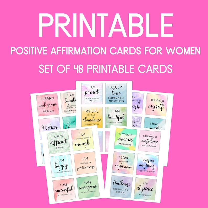 K&ouml;nnte beinhalten: Set mit 48 druckbaren Affirmationskarten f&uuml;r Frauen. Die Karten zeigen Aquarellhintergr&uuml;nde in verschiedenen Farben und positive Affirmationen wie "Ich bin stolz auf die Person, die ich bin", "Ich akzeptiere Liebe von mir selbst und anderen", "Ich bin innerlich und &auml;u&szlig;erlich sch&ouml;n", "Ich glaube an mich", "Ich habe unbegrenzte Talente", "Ich atme Zuversicht ein und atme Angst aus", "Ich bin gl&uuml;cklich, gesund und vollst&auml;ndig", "Ich bin genug", "Ich bin voller positiver Energie", "Ich kann schwierige Dinge tun", "Ich bin erfolgreich in allem, was ich tue", "Ich bin mutig und stehe f&uuml;r mich ein", "Ich lasse Sorgen und Bedauern los", "Ich liebe, wer ich jetzt bin", "Ich kann alles tun, wenn ich es mir in den Kopf setze", "Ich bin im Frieden mit dem, wer ich bin", "Herausforderungen bringen das Beste in mir hervor".