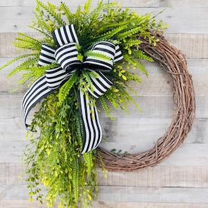 Neutral Greenery Wreath | Saw Grass Wreath |  Bead Grass Multi Season  | Black White Bow Wreath | Everyday Door Wreath | All Season Wreath |