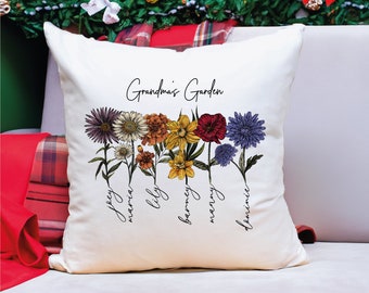 Cadeau fête des mères, coussin de fleurs de naissance personnalisé, coussin de jardin pour grand-mère, cadeau de Noël, coussin personnalisé pour grand-mère, cadeau grand-mère, cadeau grand-mère