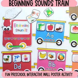 Aktivitet med börjanljud, förskoleläroplan, interaktiv väggposter för förskola, hemundervisning, dagis, matchningsaktivitet för småbarn