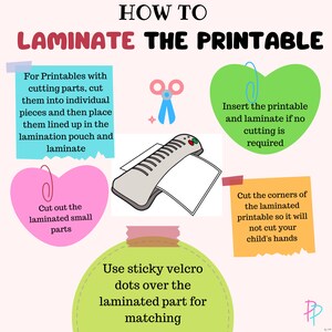 May include: A colorful infographic with instructions on how to laminate a printable. The infographic includes illustrations of a laminator, scissors, and a printable with cut-out parts. The text includes the words "How to Laminate the Printable" and "Use sticky velcro dots over the laminated part for matching".