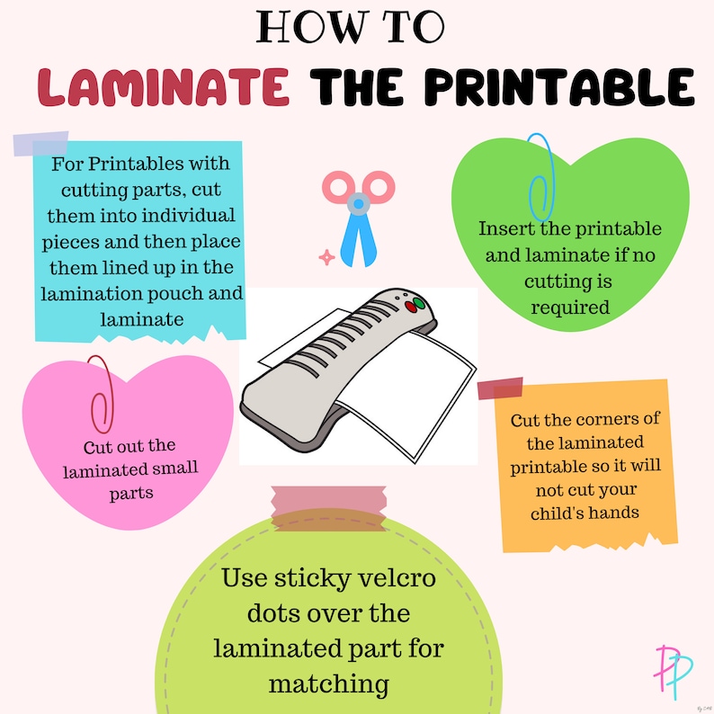May include: A colorful infographic with instructions on how to laminate a printable. The infographic includes illustrations of a laminator, scissors, and a printable with cut-out parts. The text includes the words "How to Laminate the Printable" and "Use sticky velcro dots over the laminated part for matching".