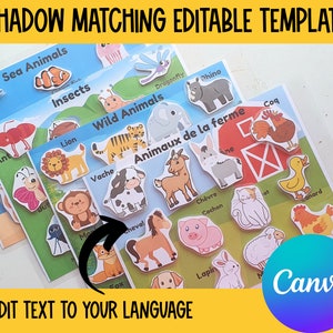 May include: A set of printable shadow matching cards featuring various animals, including sea animals, insects, wild animals, and farm animals. The cards are labeled in both English and French. The text on the cards reads "Shadow Matching Editable Template" and "Edit Text to Your Language".