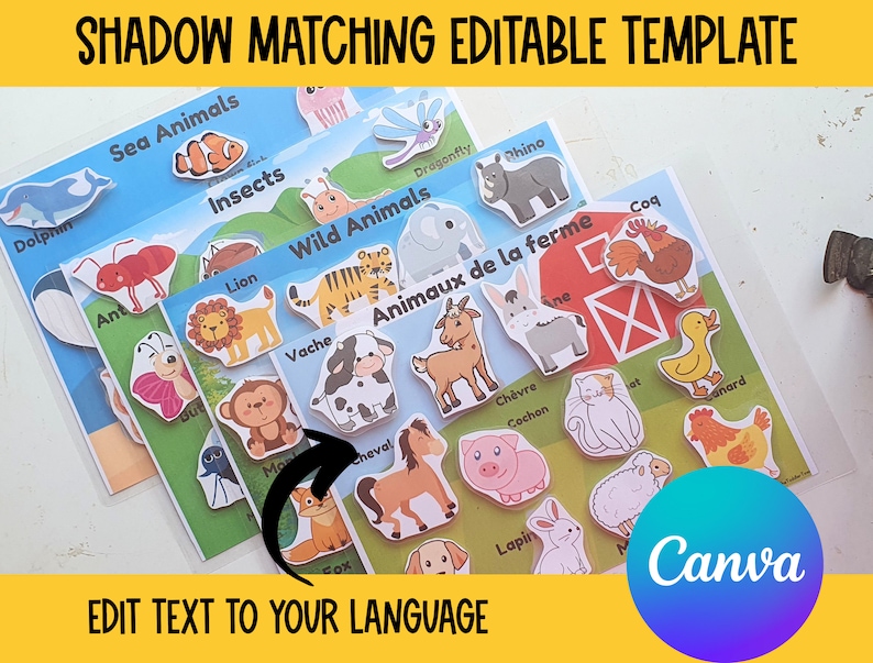 May include: A set of printable shadow matching cards featuring various animals, including sea animals, insects, wild animals, and farm animals. The cards are labeled in both English and French. The text on the cards reads "Shadow Matching Editable Template" and "Edit Text to Your Language".