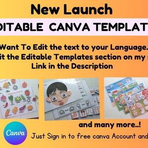 May include: A collage of images showcasing editable Canva templates for educational activities. The templates feature colorful illustrations of fruits, vegetables, animals, and body parts. The text on the images reads "New Launch Editable Canva Templates Want To Edit the text to your Language..? Visit the Editable Templates section on my shop Link in the Description and many more..! Canva Just Sign in to free canva Account and Edit".