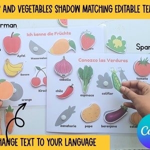 May include: A printable educational activity for kids to learn German and Spanish words for fruits and vegetables. The activity includes matching images of fruits and vegetables to their corresponding shadows. The text on the page reads "Ich kenne die Fr&uuml;chte" and "Conozco las Verduras".