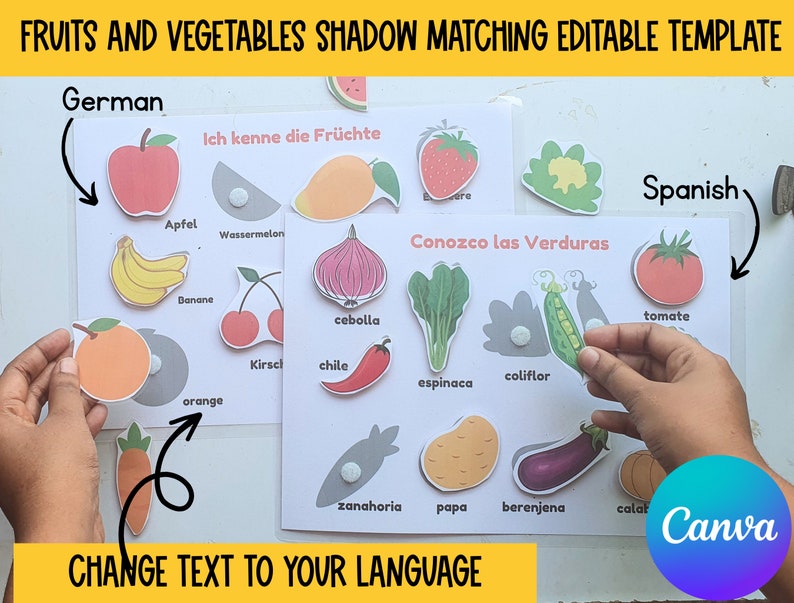 May include: A printable educational activity for kids to learn German and Spanish words for fruits and vegetables. The activity includes matching images of fruits and vegetables to their corresponding shadows. The text on the page reads "Ich kenne die Fr&uuml;chte" and "Conozco las Verduras".