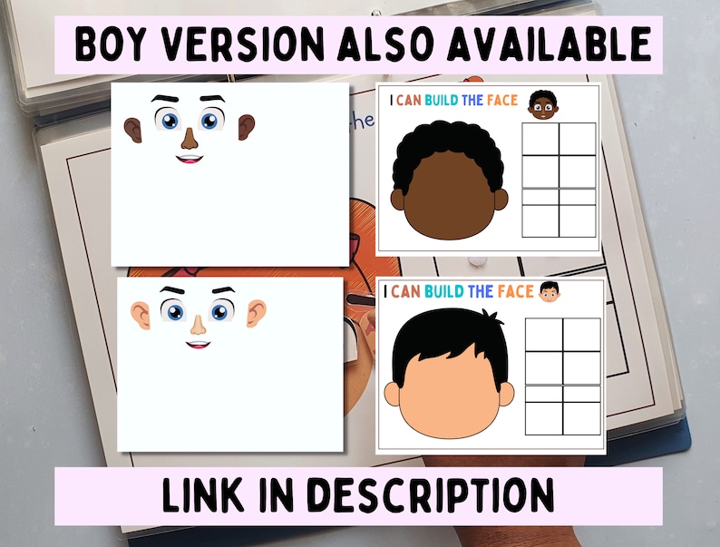 May include: Two printable worksheets for building a face. The top worksheet has a brown-skinned cartoon face with the text "I can build the face". The bottom worksheet has a light-skinned cartoon face with the text "I can build the face". Both worksheets have a grid of squares for adding facial features.