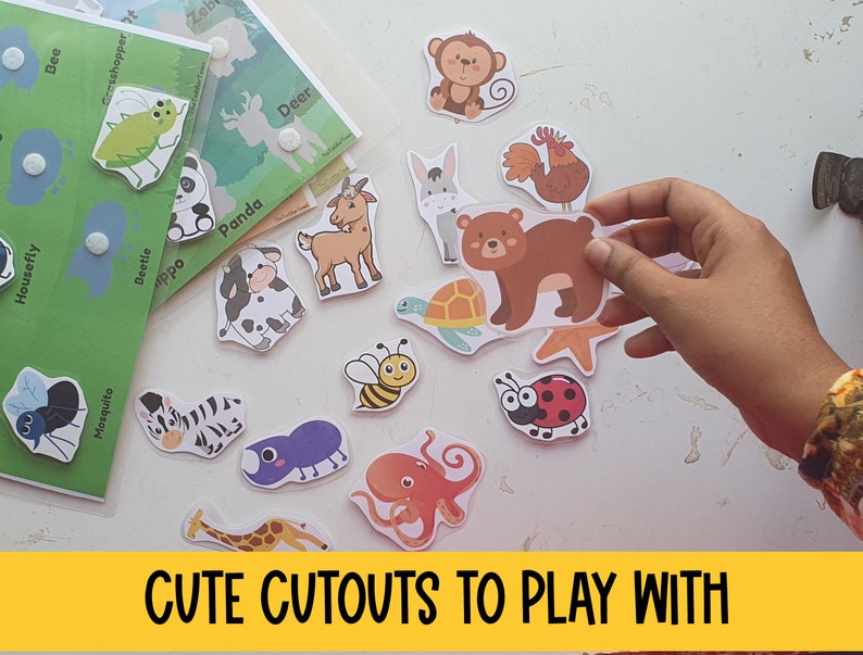 May include: A set of colorful animal cutouts for kids to play with. The cutouts include a monkey, a deer, a panda, a cow, a goat, a turtle, a bee, a ladybug, an octopus, a zebra, a beetle, a grasshopper, a housefly, a mosquito, a rooster, and a bear.