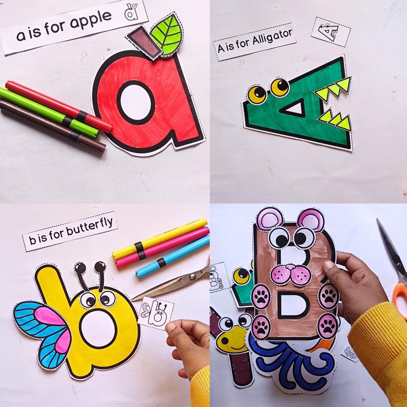 May include: A set of alphabet learning cards featuring a red apple with the letter 'a', a green alligator with the letter 'a', a yellow butterfly with the letter 'b', and a brown bear with the letter 'b'.