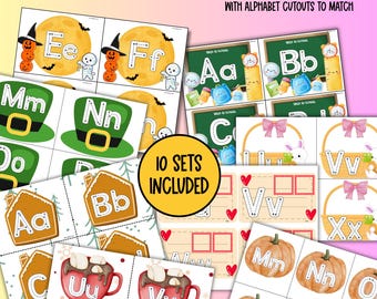 Paket med bokstavsföljarkort, alfabetsföljning för förskola, arbetsblad för förskola, utskrivbara spårningskort för förskola, ABC-kort