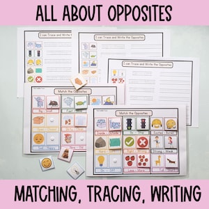 Opposites Matching Activity Printable for Toddlers and Preschoolers, Busy Book, Learning Binder Activity Pages, Homeschool Resource