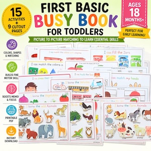 May include: A busy book for toddlers featuring 15 activities and 9 cutout pages. The educational set includes colorful sheets with matching tasks for animals, vehicles, and shapes, labeled with text like First Basic Busy Book for Toddlers.