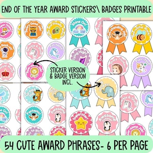 Prêmios de fim de ano da turma, distintivos de prêmios de fim de ano, adesivos de fim de ano para impressão para crianças, prêmios fofos para alunos