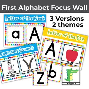 Puede incluir: Decoración mural educativa del alfabeto con tarjetas coloridas que muestran letras, palabras e ilustraciones. Incluye los temas "Letra de la semana" y "Letra del día". Las tarjetas muestran las letras A, Z y b, junto con imágenes de una manzana, un caimán, una cebra y una cremallera.