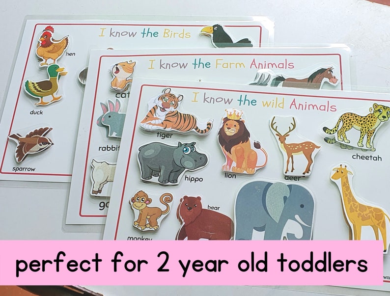 Op de afbeelding: Drie kleurrijke educatieve flashcards met afbeeldingen van dieren en de woorden "Ik ken de vogels", "Ik ken de boerderijdieren" en "Ik ken de wilde dieren".