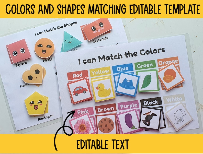 May include: Printable educational activity for kids featuring colorful shapes and colors. The printable includes a set of shapes with faces and a set of color cards with images. The text on the printable says "I can match the shapes" and "I can match the colors".