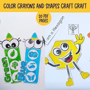 May include: A printable craft activity for kids featuring color crayons and shapes. The image shows two crayon characters, one green and one blue, and a yellow hexagon character with the text "I am a Hexagon". The text "20 PDF PAGES" is also visible.