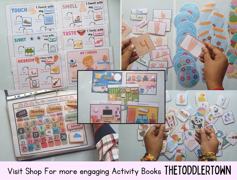 May include: A set of colorful educational flashcards for toddlers, featuring images and text related to the five senses, numbers, and a calendar. The flashcards are laid out on a table with a child's hands holding some of them. The text on the flashcards includes "Touch", "Smell", "Taste", "Sight", "Hearing", "One", "Two", "Three", "Four", "Nine", "My Little Calendar", "Today", "Tomorrow", "Monday", "Tuesday", "Sunday", "Month", "January", "Winter", and "My 5 Senses".