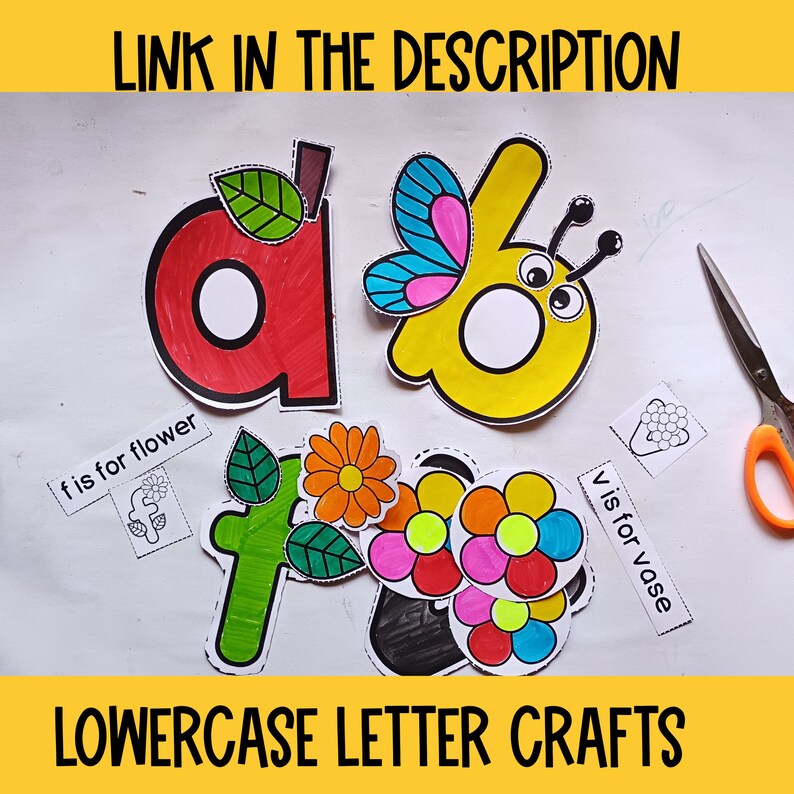 Puede incluir: Un conjunto de manualidades con letras min&uacute;sculas para ni&ntilde;os. Las letras est&aacute;n hechas de papel y est&aacute;n decoradas con dise&ntilde;os coloridos. Las letras son 'a', 'b', 'f' y 'v'. Las letras van acompa&ntilde;adas de peque&ntilde;as tarjetas con la letra y una palabra que comienza con esa letra. Las tarjetas dicen 'f es para flor' y 'v es para jarr&oacute;n'.