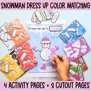 May include: A color-matching activity set featuring a snowman. The set includes cutout clothing items in various colors like orange, red, and blue, designed to match the snowman's outfit. The text on the image reads "SNOWMAN DRESS UP COLOR MATCHING" and "4 ACTIVITY PAGES + 3 CUTOUT PAGES."