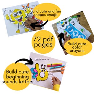May include: A set of 72 printable PDF pages featuring colorful, cartoon-style shapes, letters, and emojis. The pages are designed for children to build and color.