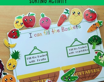 Toddler Busy Book Pages,Fruits and vegetables Sorting,Preschool Curriculum,Homeschool Resources,Learn to Sort Fruits and veggies