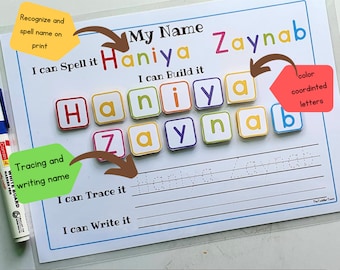 Custom name tracing Worksheet for Preschool, Toddler Busy Book Activity,  Learn to spell the name, Dry Erase Name mat