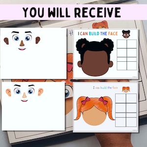 May include: Two printable worksheets for building a face. Each worksheet has a blank face with a grid and a set of facial features to cut out and glue on. The text on the worksheets reads "I can build the face".