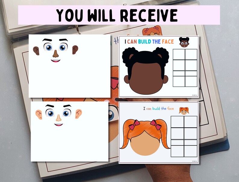 May include: Two printable worksheets for building a face. Each worksheet has a blank face with a grid and a set of facial features to cut out and glue on. The text on the worksheets reads "I can build the face".