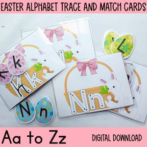 May include: Easter alphabet trace and match cards featuring a bunny holding a carrot in a basket with a pink bow. The cards have uppercase and lowercase letters on them. The letters are printed on colorful eggs.