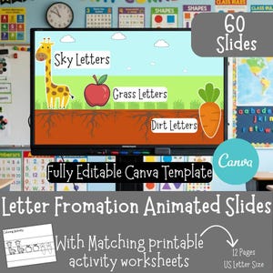 以下が含まれることがあります： キリン、リンゴ、ニンジンのイラストと「Sky Letters」「Grass Letters」「Dirt Letters」のラベルが付いたデジタル教育用スライドテンプレート。画面には「60 Slides」「Fully Editable Canva Template」「Letter Formation Animated Slides」のテキストと、対応する印刷可能なワークシートが表示されています。