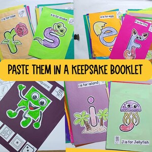 May include: A colorful alphabet learning activity with letters, animals, and objects. Each letter is on a separate card with a picture and the phrase "is for" followed by the word. The cards are arranged in a stack with the phrase "PASTE THEM IN A KEEPSAKE BOOKLET" at the top.