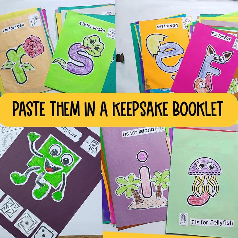 May include: A colorful alphabet learning activity with letters, animals, and objects. Each letter is on a separate card with a picture and the phrase "is for" followed by the word. The cards are arranged in a stack with the phrase "PASTE THEM IN A KEEPSAKE BOOKLET" at the top.