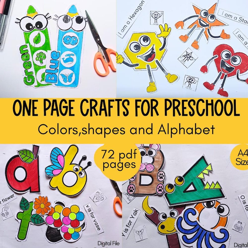 May include: A set of 72 printable one-page crafts for preschoolers. The crafts feature colors, shapes, and letters of the alphabet. The image shows examples of the crafts, including a green crayon, a blue crayon, a yellow hexagon, a red heart, a green letter A, a yellow butterfly, a brown letter B, and a green alligator.