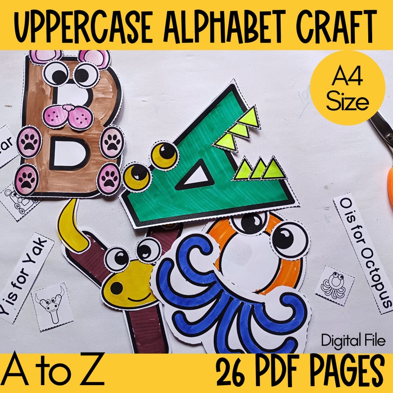Puede incluir: Un conjunto de 26 p&aacute;ginas de manualidades de alfabeto imprimibles con letras may&uacute;sculas con ilustraciones de animales. Cada letra est&aacute; decorada con ojos saltones, y las letras est&aacute;n impresas en papel tama&ntilde;o A4. Las letras son B, A, C e Y. El texto "A to Z" y "26 PDF PAGES" tambi&eacute;n es visible.