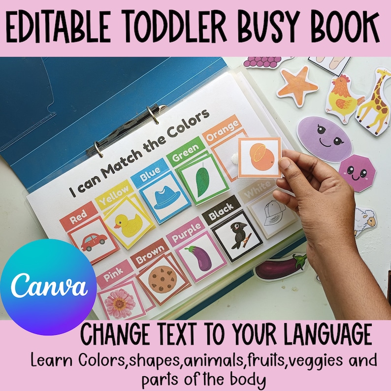 May include: A colorful educational busy book for toddlers with the text "I can Match the Colors" and images of various colors, shapes, animals, fruits, and vegetables. The book is designed to help children learn about different colors, shapes, and objects.