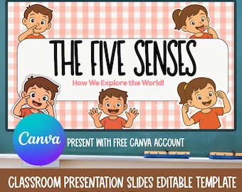 Presentationsbilder om de 5 sinnena i Canva-mall, aktiviteter om de fem sinnena, klassrumsbilder för naturvetenskapslektioner i förskolan