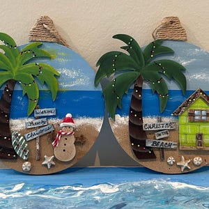 Holiday Christmas Ornament / Tropical Beach / Wood / Hand Painted / Beach House / Snowman / Palm Tree / Surfboard