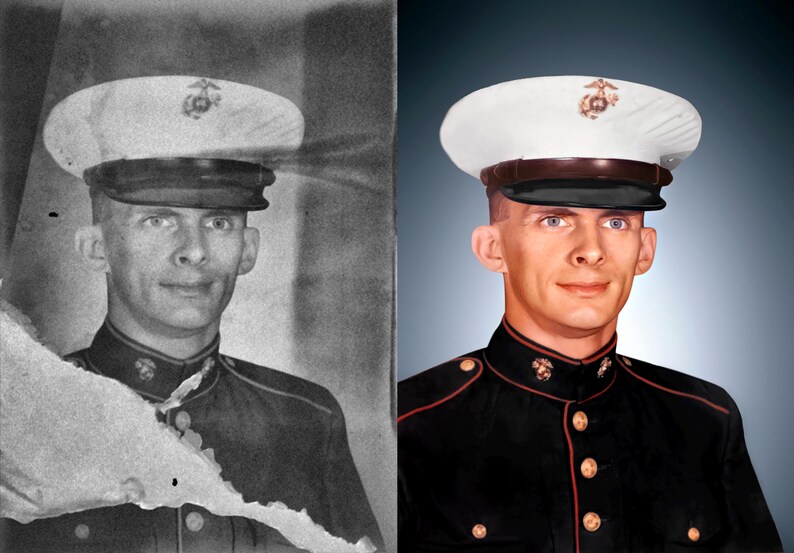 Restoration of a cherished vintage baby photo, repaired and colorized for a modern, timeless result. Ideal example of family photo restoration done with artistic precision.  Vintage portrait restoration showing before-and-after transformation. Color tones corrected, facial details revived, and all imperfections removed for a clean, natural, and heartwarming result.