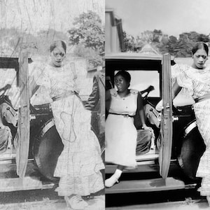 May include: Black and white photograph of two women exiting a car. The woman on the right is wearing a patterned dress with a ruffled hem. The woman on the left is wearing a simple dress. Both women are wearing shoes.