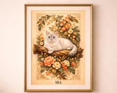 Custom Cat Art - William Morris Style Pet Portrait, Vintage Floral Illustration & Memorial Gift