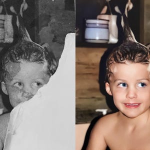 Example of advanced photo restoration and image repair, removing water damage and creases from an aged family portrait. Professional digital editing techniques revive the original beauty and emotion of the photograph.