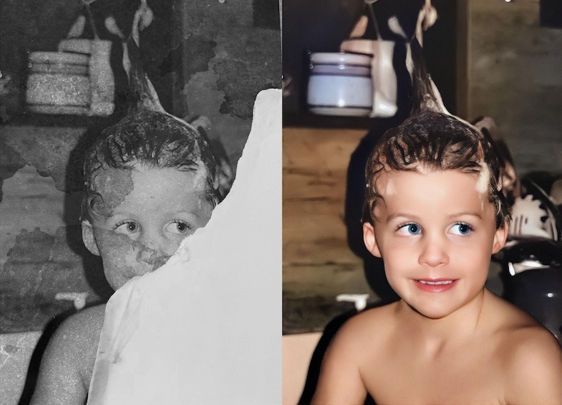 Example of advanced photo restoration and image repair, removing water damage and creases from an aged family portrait. Professional digital editing techniques revive the original beauty and emotion of the photograph.