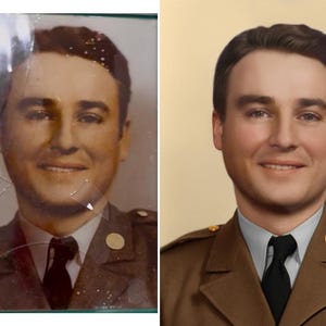 A stunning restoration example showing the transformation of an old black-and-white wedding photo into a fully colorized, vivid memory. Perfect inspiration for personalized anniversary gifts.