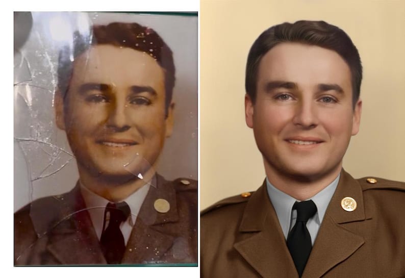 A stunning restoration example showing the transformation of an old black-and-white wedding photo into a fully colorized, vivid memory. Perfect inspiration for personalized anniversary gifts.
